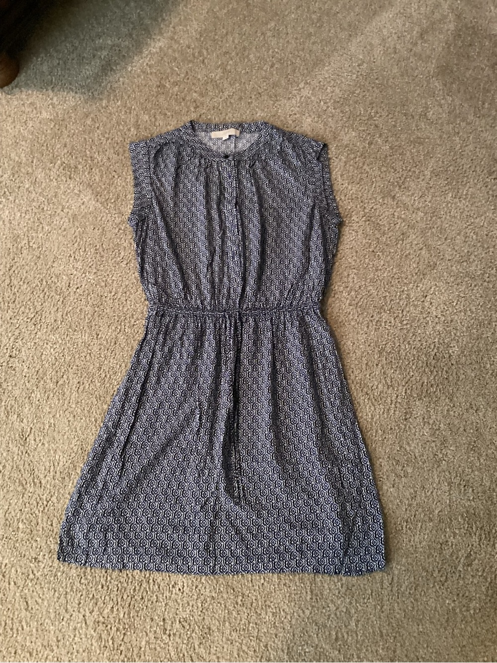 LOFT Navy Geometric Sleeveless Drawstring Waist Dress